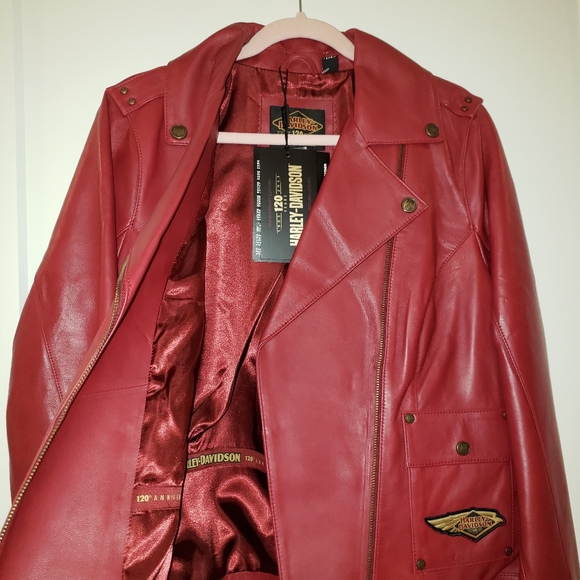 Harley-Davidson Red Leather Jacket Womens Size M-L 120th Anniversary Biker - Picture 8 of 9